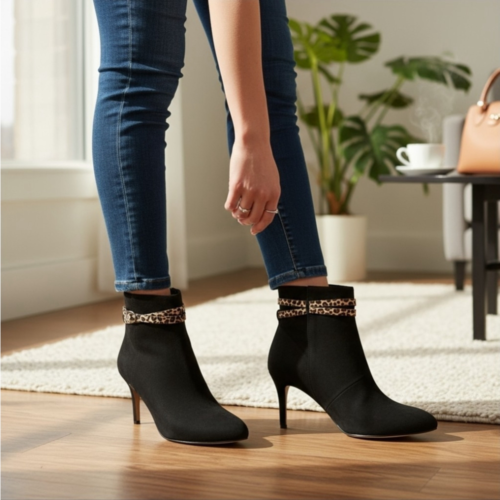 Essex Lane Microsuede Leopard Cheetah Stiletto Heel Boots Bootie 8.5 M BLACK